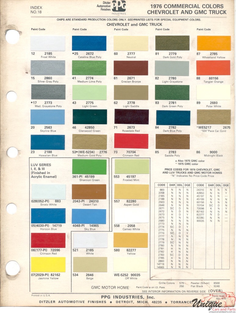 1976 GMC Truck Paint Charts PPG 1